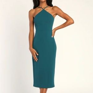 Teal Blue Backless Halter Midi Dress